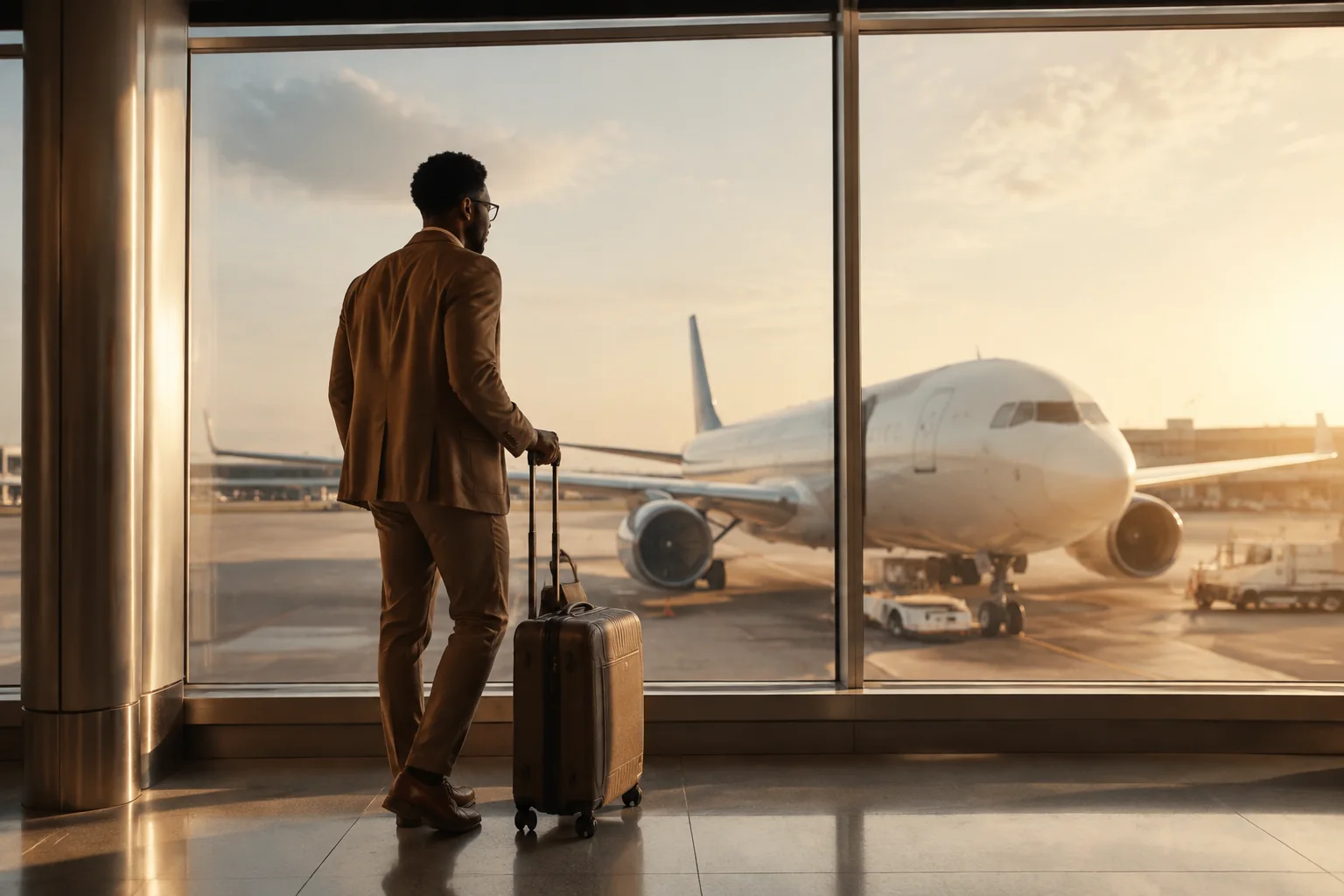 Traveller with luggage looking towards a passenger aircraft at the airport