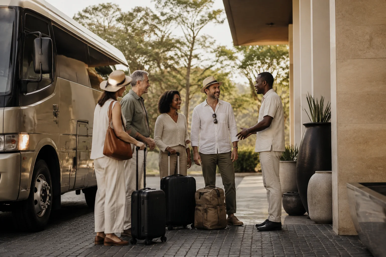 Travellers meeting their coordinator beside a tour bus