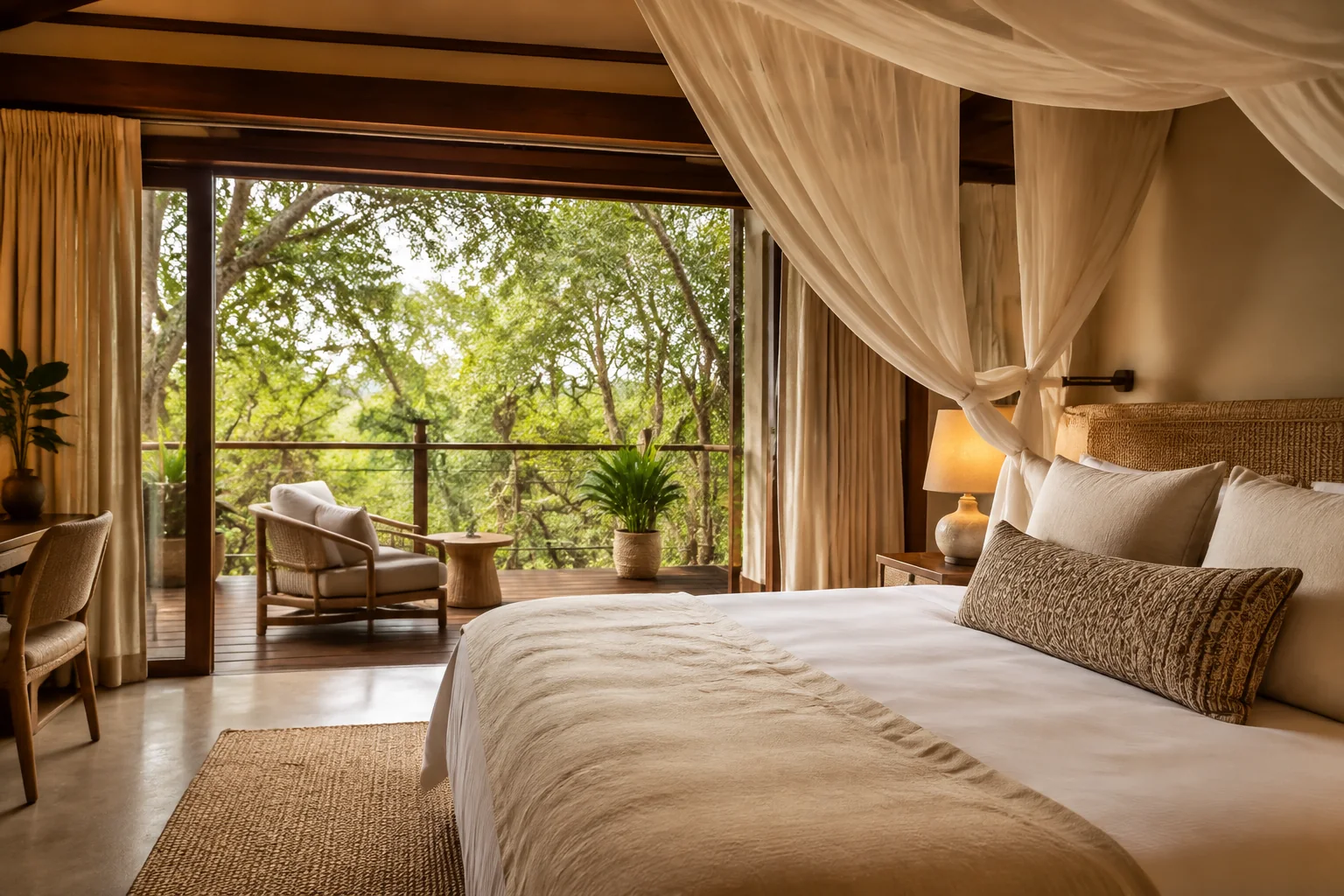 Warmly furnished lodge bedroom opening onto a leafy terrace