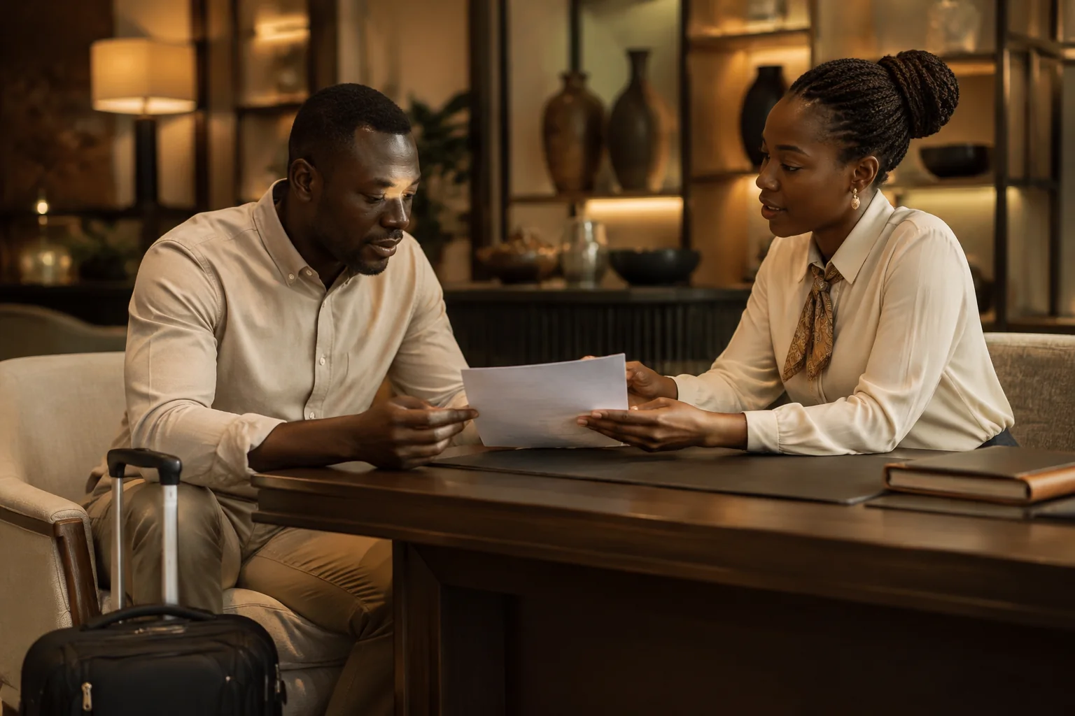 Traveller reviewing travel protection documents with an advisor