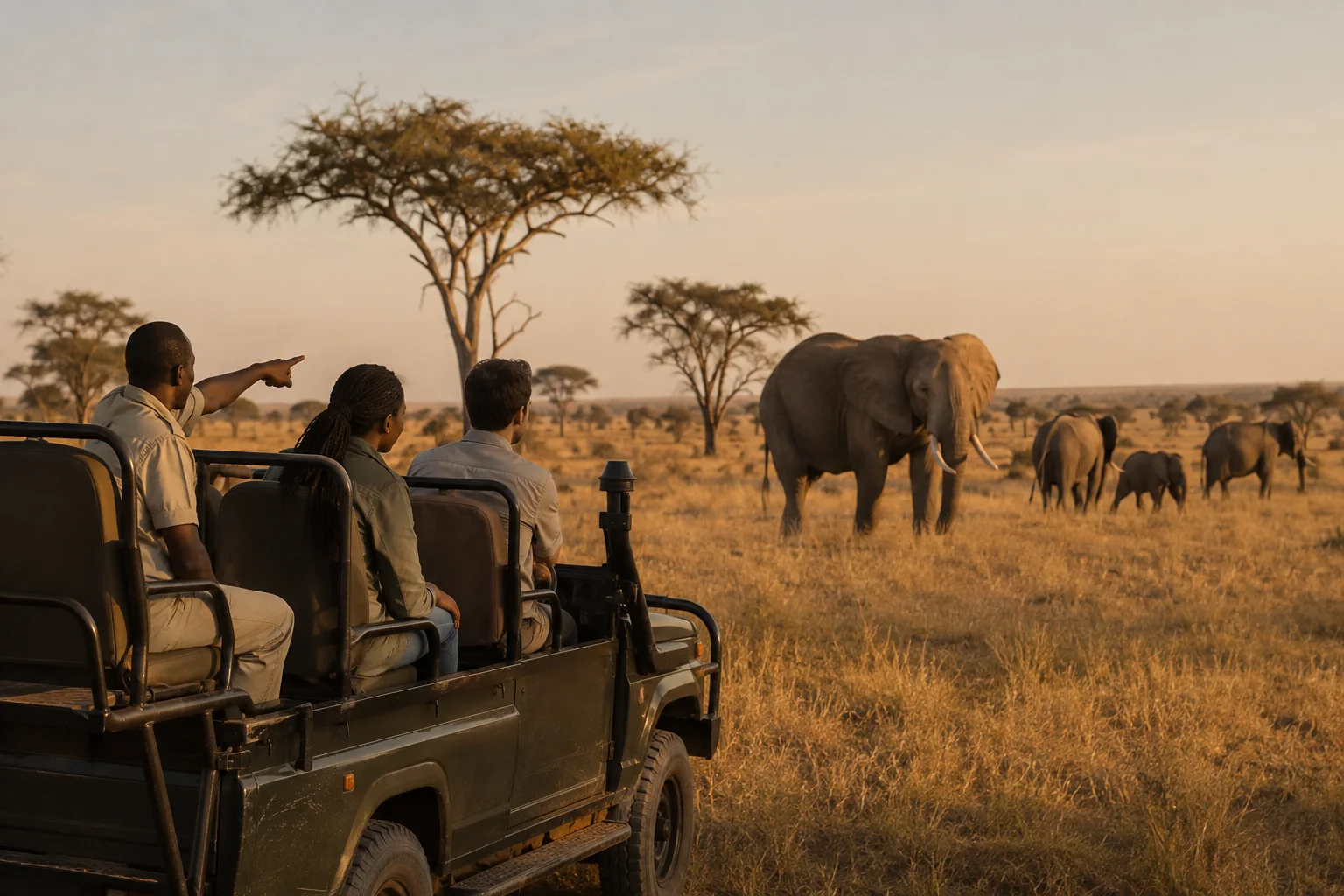Guide and safari guests watching elephants on open grassland