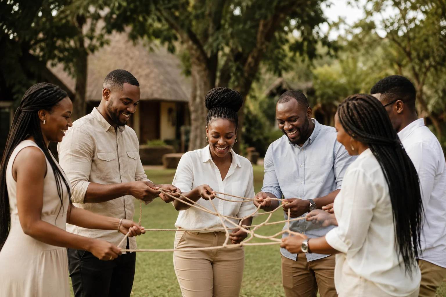 Colleagues working together on an outdoor team-building activity